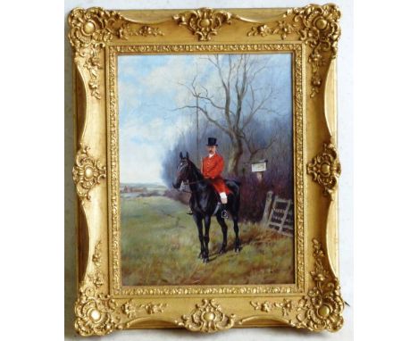 A gilt framed (later) early 20th Century Oil on Canvas Study of a lone huntsman before a five bar gate and with buildings to 