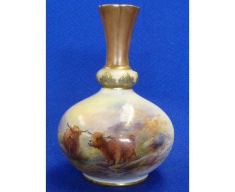 An early 20th Century Royal Worcester porcelain Bottle Vase decorated with Highland Long Horn Cattle and signed H Stinton, pr