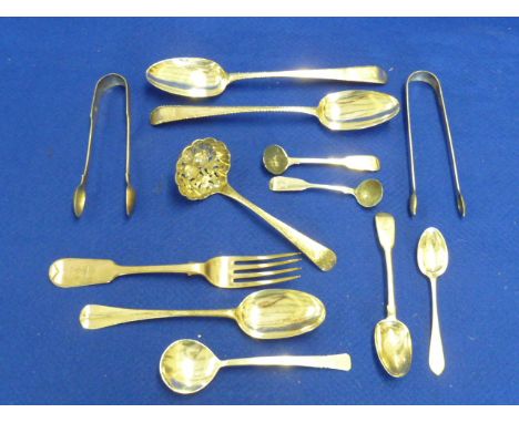 Assorted silver Flatware to include two pairs of Sugar Tongs, two 18th Century Table Spoons engraved with armorial's and brig