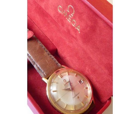 A boxed gentleman's Omega Automatic Chronometer Constellation Dress Wristwatch within gold case, the dial (fully signed) with