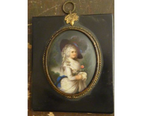 A 19th Century three quarter length Portrait Study on porcelain of a beautiful young lady in a large blue bonnet and 18th Cen