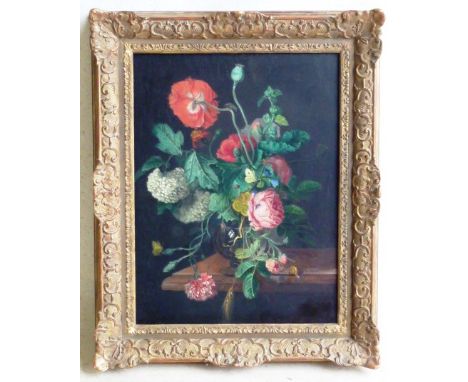 A gilt framed Oil on Canvas still life Study of flowers in a glass goblet in 17th Century Dutch Old Master style (lined), som