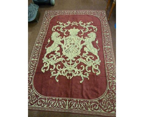 A very fine Royal Tapestry Wall Hanging, the two lions rampant flanking a monarch's crown and shield and with Latin legend be