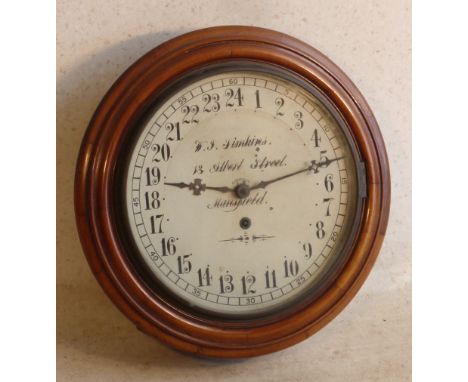 An unusual late 19th/early 20th Century mahogany cased Schoolhouse type Clock, 29cm cream enamel dial signed W J Simkins, 13 