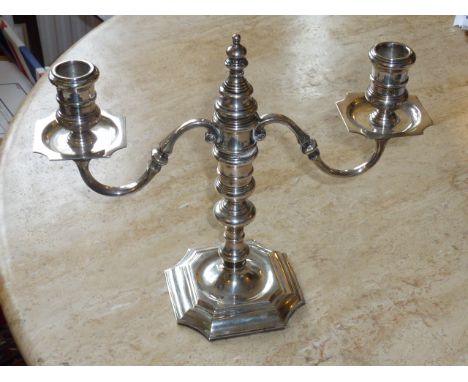 A modern (in 18th Century style) hallmarked silver three light Candelabra with detachable central snuffer, the drip pans with