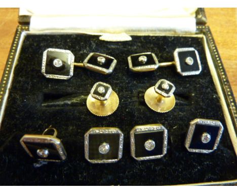 A gentlemen's cased 9 carat yellow gold, black enamel and diamond set Cuff Links, Buttons and Stud set 