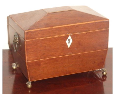 An early 19th Century partridgewood and boxwood strung two division Tea Caddy, the Anglesey style kite shaped bone escutcheon