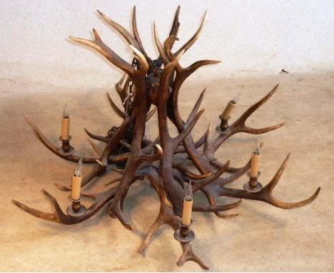 A large and fine six light Stag antler's Chandelier, largest width approx. 109cm high, highest point approx. 63cm 