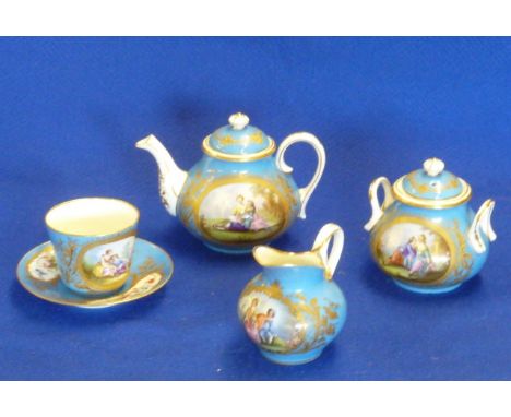 A 19th Century Sevres porcelain Bachelors Tea Service comprising Tea Pot, single Cup and Saucer, two handled lidded Sucrier a