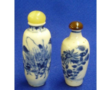 A Chinese porcelain Snuff Bottle decorated in underglaze blue and having a celadon green jade stopper together with one other