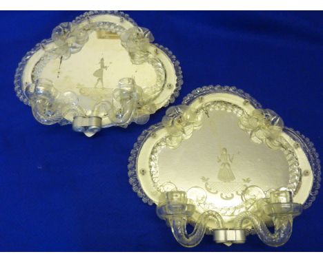 A pair of late 19th/early 20th Century Venetian glass two branch Girandole, the quatrefoil shaped plates individually intagli