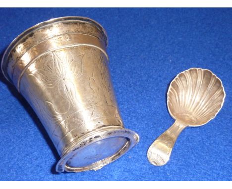 An interesting 18th Centruy Swedish silver conical shaped beaker (7.5cm high) hammer decorated with stylized tulips and one o