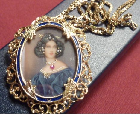 A fine quality 18 carat gold and enamel framed Miniature set with ruby and diamonds on a 9 carat Chain 