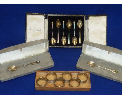 An assortment of silver to include two cased Coffee Spoons, each with a singular hand cut semi-precious gemstone, together wi