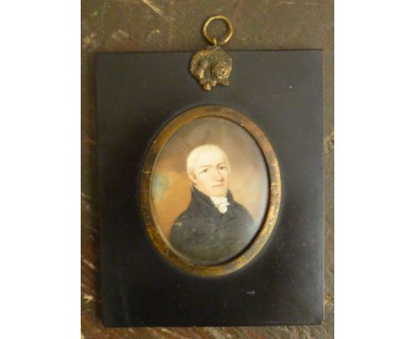 A 19th Century oval shoulder length Portrait Study of a gentleman with chalk blond hair and dark tunic (labels verso)