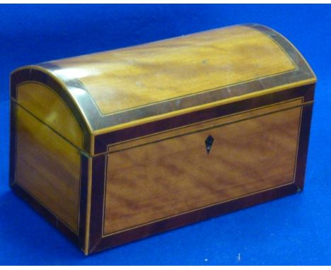 A George III dome topped satinwood and mahogany crossbanded Tea Caddy (now minus internal lids), 25cm wide 