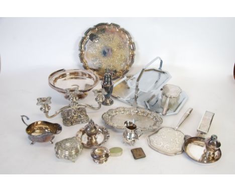 THREE PIECE ELECTROPLATED DRESSING TABLE SET, CIRCULAR SALVER, WITH CHIPPENDALE BORDER, TWIN LIGHT CANDELABRUM, VARIOUS BOXED