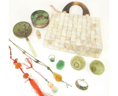 CARVED JADE RING, A CARVED JADE PENDANT, A CRAVED FOB SEAL, TWO GREEN HARDSTONE TEA BOWLS, THREE HARDSTONE TOGGLE TASSEL PEND