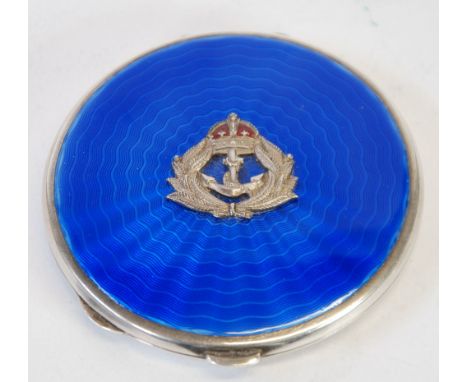 SILVER AND BLUE GUILLOCHE ENAMEL POWDER COMPACT, WITH APPLIED ROYAL NAVY BADGE, Birmingham 1940, 2 7/8" (7.3cm) diameter, 2.4