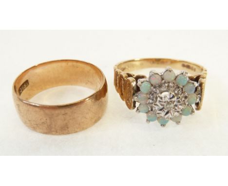 9CT ROSE GOLD BAND RING, Birmingham 1916, 3g, AND A OPAL AND DIAMOND SET RING, illusion set with a small diamond and opal clu