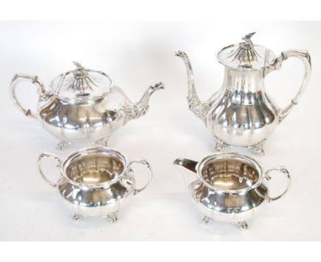 C.B. AND S. LTD., SHEFFIELD SILVER PLATED TEA AND COFFEE SERVICE OF FOUR PIECES, of George III style, melon shaped and raised