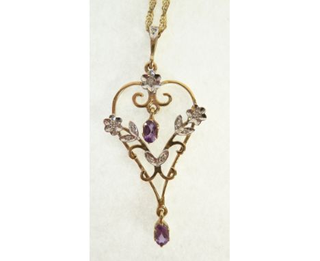 MODERN ART NOUVEAU STYLE OPEN WORK PENDANT, set with amethyst and tiny diamonds, on gold chain necklace, 4.5g