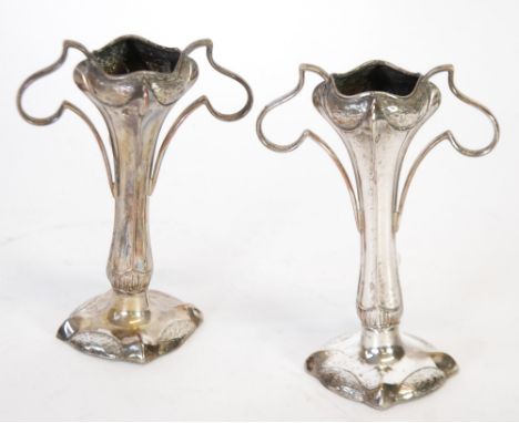 PAIR OF ART NOUVEAU ELECTROPLATED TWO HANDLED BUD VASES, each with swollen wavy rim above a waisted panelled stem, flanked by