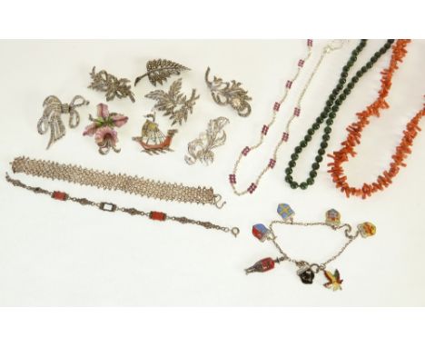 COSTUME JEWELLERY, to include, TWO ENAMELLED MARCASITE SET BROOCHES, SIX OTHER MARCASITE SET BROOCHES, A MARCASITE SET BRACEL