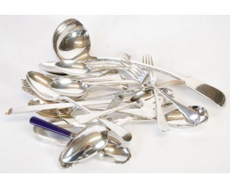 A LARGE ELECTROPLATED LADLE, A PAIR OF MODERNIST ELECTROPLATE SALAD SERVERS, SIX PAIRS OF ELECTROPLATED DESSERT FORKS AND SPO