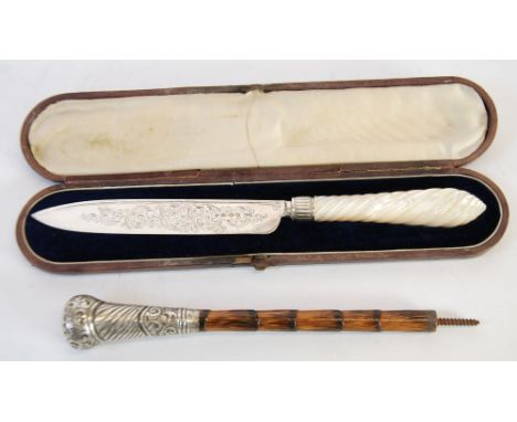 VICTORIAN SILVER BLADED KNIFE, foliate engraved with carved mother of pearl handle, Birmingham 1961, AND THE TOP SECTION TO A