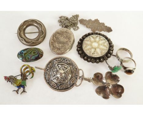 SMALL COLLECTION OF SILVER JEWELLERY, including, SILVER CELTIC PLAID BROOCH, A MARCASITE AND ENAMEL SILVER COCKREL BROOCH, FI