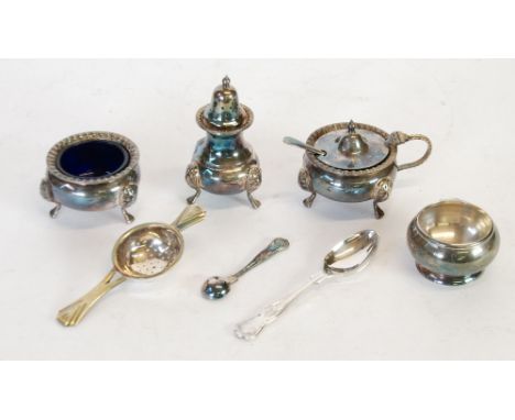 ELECTROPLATE GEORGIAN STYLE CIRCULAR CONDIMENT SET OF 3 PIECES, with blue  glass liner and two spoons, an Art Deco style TEA 