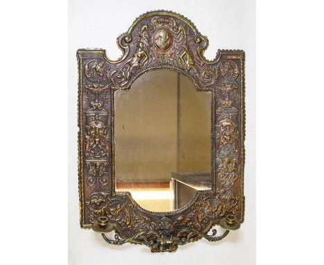 An Italian style brass girandole mirror, shaped pediment repousse central medallion with classical profile portrait with cara