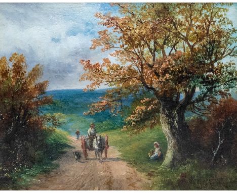 George Turner (British, 1843-1910), landscape with a pony trap, dog and figures on a lane, signed l.r., oil on board, 20 by 2