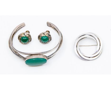 Danish jewellery- a pair of Georg Jensen silver earrings, comprising a leaf design inset with a cabochon crysophrase, screw f