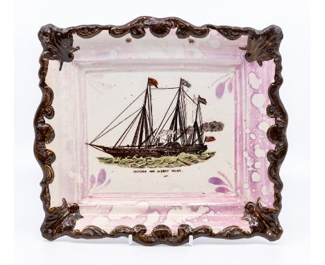 An early nineteenth century Sunderland lustre transfer-printed plaque, c.1840. It is decorated with a ship print with enamel 