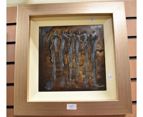 Irina Russkol, Ukrainian contemporary, abstract oil on board, signed l r, 30 x 30cm