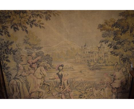 A large Aubisson style tapestry panel possibly depicting Henry VIII on horseback with accompanying Lady, courtiers in foregro