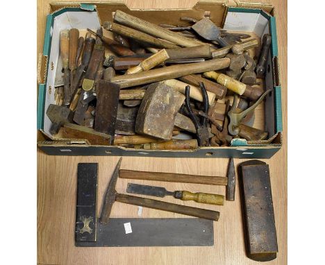 A collection of vintage tools including planes, saws, spanners, hammers, chisels, wooden Stanley and WS of Birmingham planes