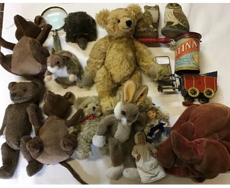 Soft toys, assorted animals, bears, hedgehog, elephant, dolls, Steiff Rabbit etc.Provenance: from the Estate of the late Sir 