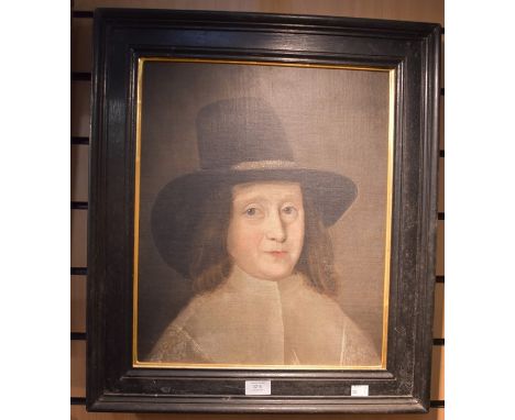 British School 19th Century copy of a portrait of 17th Century man in Pilgrim Hatoil on canvas, relined, 45 x 37cm Provenance