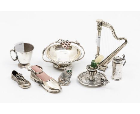 A group of miniature silver: 800 standard items to include: a Harp, chamberstick, shoe with 925 stamped pieces to include Ita