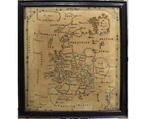 A sampler of England & wales framed map by Ann Ambler 1785, size approx 50 x 55cmCondition report: faded but otherwise in goo