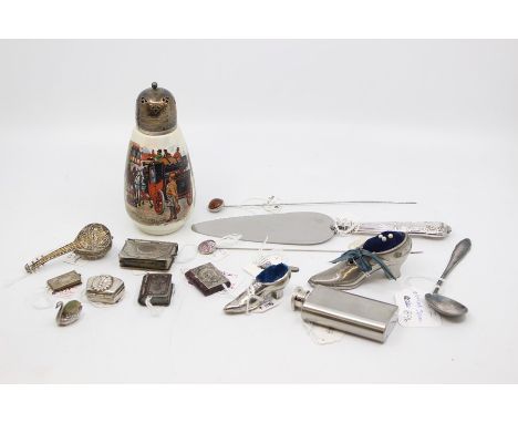 A collection of plate / white metal / nickel / steel items to include: early 20th Century sugar caster, earthenware body with