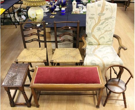 A collection of furniture, comprising a pair of ladder back rush seated chairs, a 17th Century style oak stool, an Edwardian 
