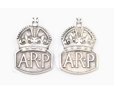 Two sterling WWII silver A.R.P badges, hallmarked London, 1936 &amp; 1938 (2)&nbsp;