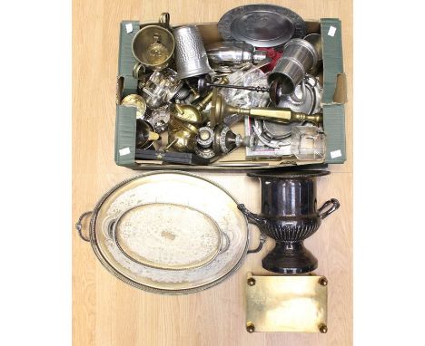 A collection of silver plated items including champagne bucket, serving trays, trophies, flat ware, plates, tankards, brass c