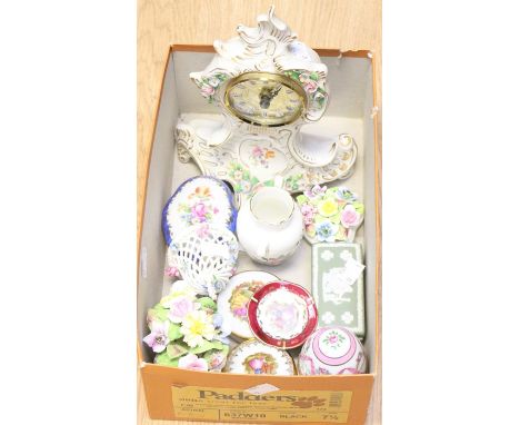 A Dresden style porcelain clock, 19th Century style together with various Continental ceramic box and cover, paperweight&nbsp