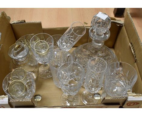 A collection of cut glass wares with decanters, 1960's small decanter set, with eight small shell glasses, along with a colle