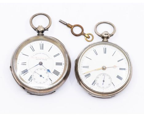 Two silver open faced pocket watches, white enamel dials, comprising one by J.G graves Sheffield, black Roman numerals, outer